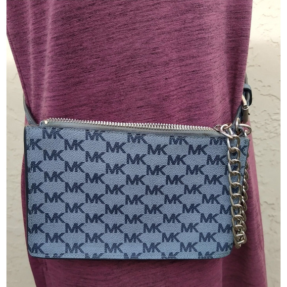 Michael Kors Blue Denim MK Logo Silver Chain Pull Women's Waist Pack Bell Bag - Picture 14 of 16